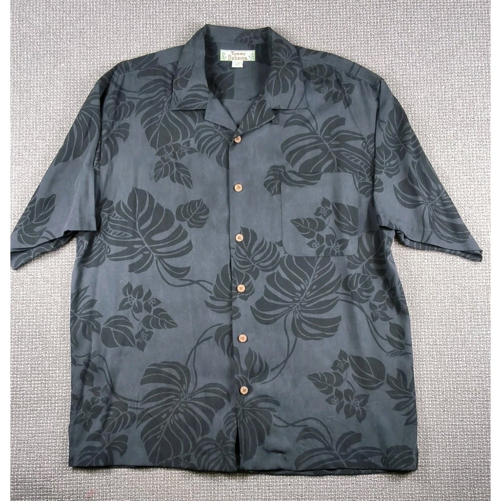 Black and gray Tommy Bahama Hawaiian shirt with a tonal monstera design Size L